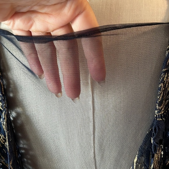 Marina cocktail stretch lace foil dress STATEMENT sheer BACK sheath navy gold L - Picture 6 of 16